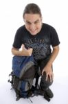 Sitting Traveler With Thumbs Up Stock Photo