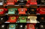 Vintage Phone Arrange On The Shelve Stock Photo