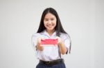 Asia Thai High School Student Uniform Beautiful Girl Read A Book Stock Photo