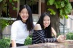 Two Asia Thai Teen Best Friends Girls Smile And Funny Stock Photo