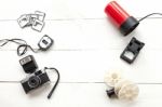 Photometer, Camera, Reels And Red Light Seen From Above Stock Photo