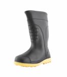 Left Side Of Rubber Black Boot Shoe On White Background Stock Photo