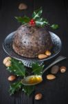 Christmas Pudding With Holly Twig Stock Photo