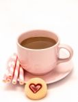 Valentines Coffee Heart Represents Cracker Biscuit And Cookies Stock Photo