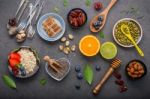 Ingredients For The Healthy Foods Background Mixed Nuts, Honey, Stock Photo