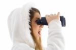 Astonished Female Watching Through Binocular Stock Photo