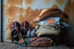 Accessories To Dress Up In Old Wooden Basket Stock Photo