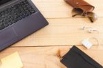 Set Office Objects For Self-employed Workers On Wooden Backgroun Stock Photo