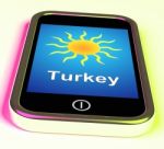 Turkey On Phone Means Holidays And Sunny Weather Stock Photo