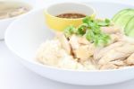 Hainanese Chicken Meat Rice On White Background Stock Photo