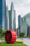 View Of Skyscrapers And Modern Art In Singapore Stock Photo