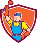 Plumber Holding Plunger Up Shield Cartoon Stock Photo