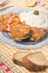 Fried Hake Fish With Rice Stock Photo