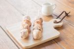 Squid Grilled Ball On Wooden Plate Stock Photo