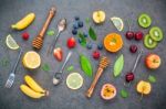 Flat Lay Various Fresh Fruits Raspberry ,blueberry ,strawberry , Stock Photo