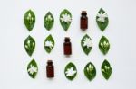 Dark Brown Bottles Of Essential Oil With Jasmine Flower Stock Photo