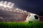 Soccer Field And Stadium With Fans The Night Before The Match Stock Photo