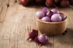 Shallots Still Life Wood Background Stock Photo