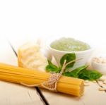 Italian Traditional Basil Pesto Pasta Ingredients Stock Photo