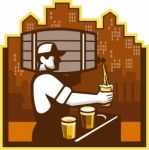 Bartender Pouring Beer Keg Cityscape Retro Stock Photo