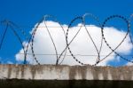 Barbed Wire On Top Of The Concrete Fence Stock Photo