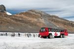 Snow Coach On The Athabasca Glacier Stock Photo