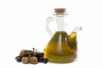 Green And Black Olives With Olive Oil Bottle Stock Photo