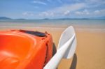 Close-up Side Of Kayak Boat With Paddle Stock Photo