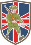 World War One Soldier British Marching Cartoon Shield Stock Photo