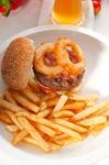 Classic Hamburger Sandwich And Fries Stock Photo