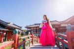 Woman With Hanbok In Gyeongbokgung,the Traditional Korean Dress Stock Photo