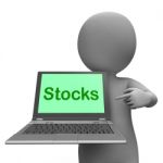 Stocks Laptop Shows Dow Investment And Stock Market Stock Photo