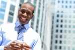 Smiling Male Executive Using His Mobile Phone Stock Photo