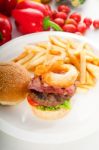 Classic Hamburger Sandwich And Fries Stock Photo