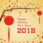 Happy Chinese New Year 2016 Card And Colorful Flower On Gold Background Stock Photo