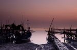 Fishing Boat With Sunrise Background Stock Photo