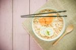 Top View Image Of Chinese Noodle In Bowl On Top Of Rustic Wood Stock Photo