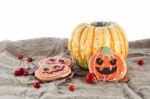 Halloween Decor Pumpkin Cookies Stock Photo