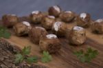 Meatballs On Wooden Cutting Board Stock Photo