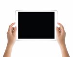 Hand Holding Black Tablet Isolated On White Clipping Path Inside Stock Photo