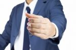 Businessman With Holding Hand Gesture Isolated On White Stock Photo