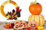 Halloween Decor Cookies, Wreath And Pumpkins Stock Photo