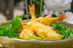 Fresh Japanese Tempura Shrimps With Salad Stock Photo