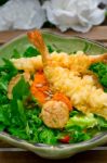 Fresh Japanese Tempura Shrimps With Salad Stock Photo