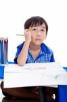 Sadness Boy Sitting And Looking Up Stock Photo