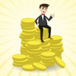 Cartoon Businessman Sitting On Stack Of Gold Coin Stock Photo