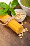 Italian Traditional Basil Pesto Pasta Ingredients Stock Photo