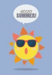 Hello Summer With Happy Sun On Sunburst Pattern Stock Photo