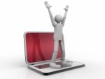 3d Person Standing  On  A Laptop Happily Raised His Hands Up Stock Photo