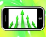 Arrows Pointing Up On Smartphone Shows Progress Stock Photo